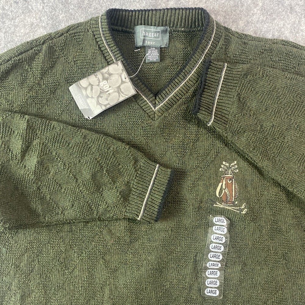 Haggar Sweater Mens L Green Chunky Knit Golf Embroidered Grandpa Made In USA